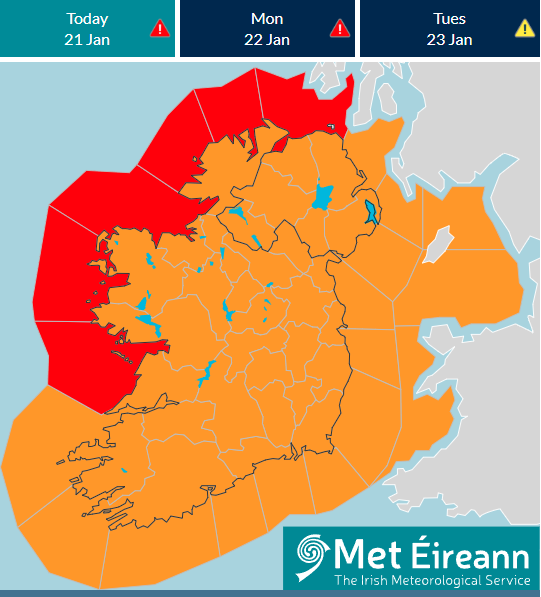 #StormIsha bringing very strong, severe and damaging wind gusts  tomorrow &amp; into Monday.  

⚠️Potential impacts: 
• Large coastal waves with wave overtopping
• Very difficult travelling conditions 
• Fallen trees 
• Damage to power lines  

➡️ met.ie/warnings/