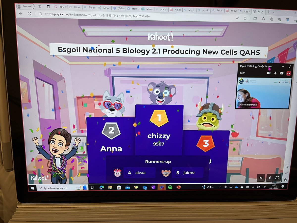 Great session with the <a href="/eSgoil/">e-Sgoil</a> N5 biology students this week. Can’t beat a cheeky wee Kahoot to check knowledge. Next week we are continuing with unit 2