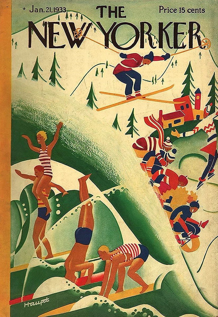 #OTD in 1933
(alternative winter holidays)
Cover of The New Yorker, January 21, 1933
Theodore G. Haupt
#TheNewYorkerCover #TheodoreHaupt
#beach #seaside #surfing #skiing #skislopes #mountains #iceskating #figureskating #toboggan #vacations #wintervacations