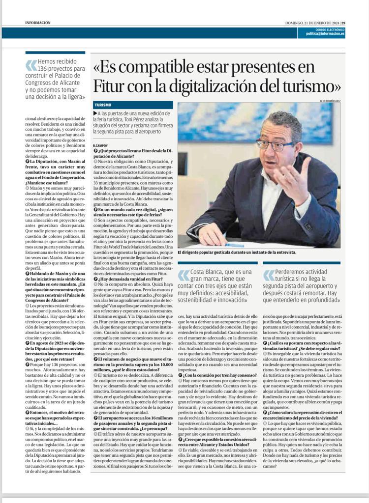 📰☀️ Gran entrevista del presidente <a href="/toniperezbnd/">Toni Pérez</a> en <a href="/informacion_es/">INFORMACION.es</a>.

📝💻💪 Moderación, talante, diálogo, trabajo y proyecto para la provincia de Alicante son nuestras señas de identidad.

<a href="/dipuAlicante/">Diputación de Alicante</a>
<a href="/alicantepp/">PP Provincia de Alicante</a>
<a href="/ppcv/">Partido Popular Comunitat Valenciana</a>