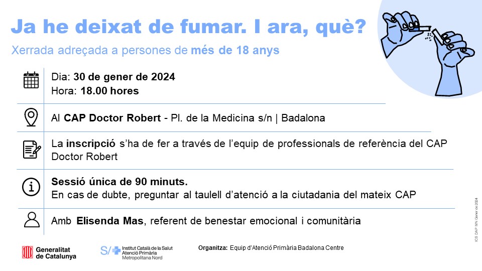 apicsmetronord's tweet photo. 📌 "𝗝𝗮 𝗵𝗲 𝗱𝗲𝗶𝘅𝗮𝘁 𝗱𝗲 𝗳𝘂𝗺𝗮𝗿. 𝗜 𝗮𝗿𝗮 𝗾𝘂𝗲̀?"
Xerrada per a persones exfumadores usuàries del #CAPRobert #Badalona
🗓️ dimarts 30 de gener
🕑 18 a 19:30h
📍 #CAPRobert @AjBadalona
✏️ Per participar-hi contacta amb el teu professional de la salut https://t.co/qZcTdSYwkB