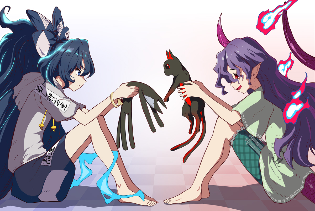 kaenbyou rin ,kaenbyou rin (cat) ,yorigami shion multiple girls 2girls long hair barefoot multiple tails holding skirt  illustration images