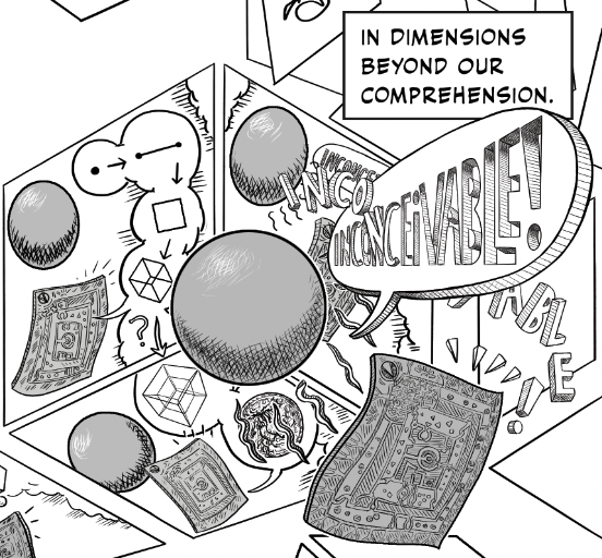 Nsousanis's tweet photo. in 1 dimension moving a point produces a line. In 2D, moving a line creates a square, in 3 a square forms a cube, and moving a cube in 4? This was the most I could compress Square & Sphere's exchange on escaping the confines of limited dimensionality... #nostos #Unflattening 2 https://t.co/4NCcPlVo1C