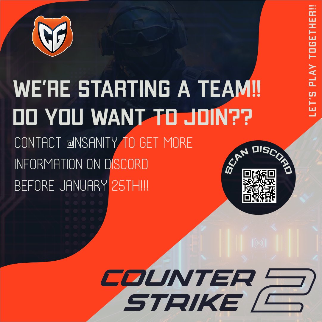 CyberGrizzlies's tweet image. Join the gaming revolution! We&apos;re assembling a formidable team for Counter-Strike 2 and want YOU on board! Interested players, contact @Insanity on Discord before January 25th. #CS2Team #GamingCommunity 
@GCSA_Barrie
@georgiancollege
@GeorgianGrizz
@GeorgianREC