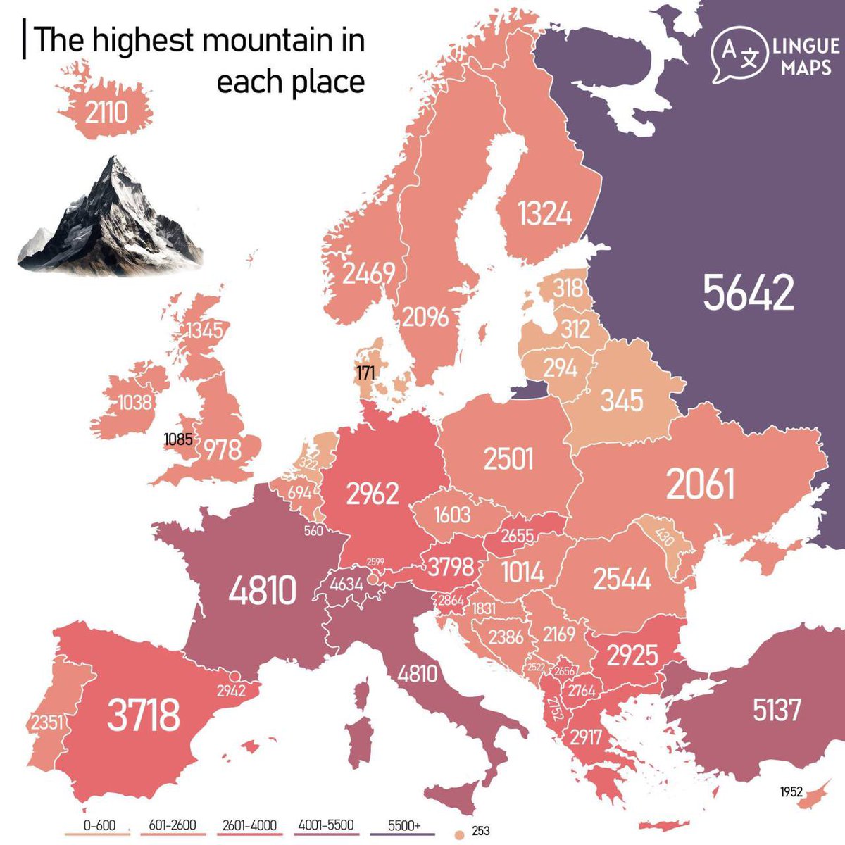 The highest mountain in each European country.

🇷🇺 Mount Elbrus - 5,642 meters
🇮🇹🇫🇷 Mont Collon - 4,810 meters
🇨🇭🇮🇹 Dufourspitze - 4,634 meters