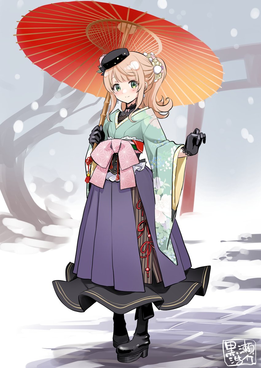 1girl solo umbrella gloves green eyes japanese clothes oil-paper umbrella  illustration images