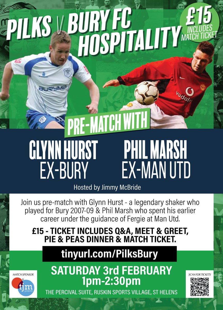 PILKS V BURY 03/02/24 - TICKETS AVAILABLE NOW! In two weeks @buryfcofficial come to town! Very limited pre-match hospitality tickets are available which includes a Q&A with ex-shaker @hurst_glynn & ex-man utd @marshy2o This will be a sell out 💚 tinyurl.com/PilksBury