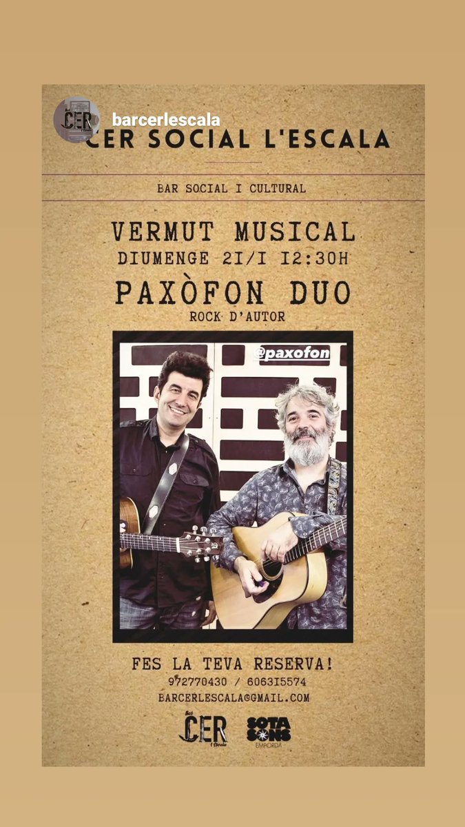 Diumenge de vermut concert acústic! Al Bar del CER de l'Escala! 12:30h

#concert #rock #dautor #duo #acustic
