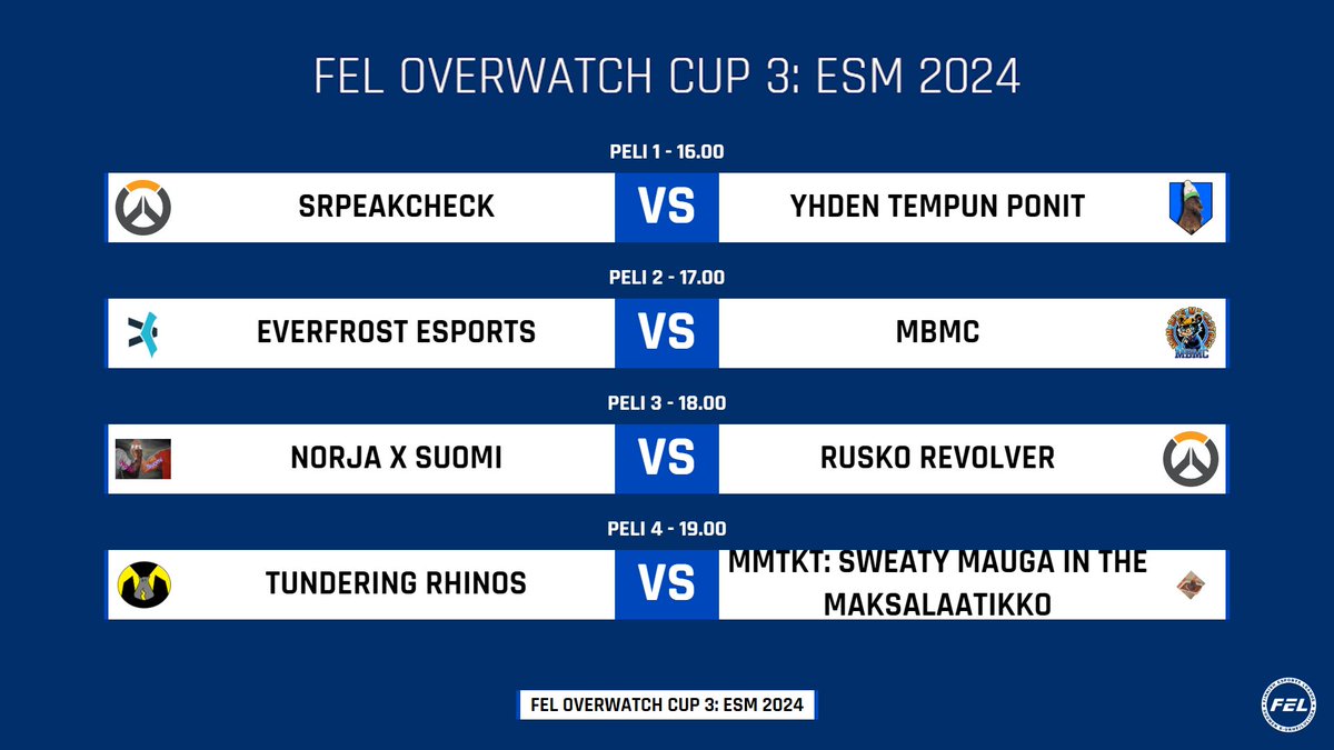 Suomi OW (@suomioverwatch) on Twitter photo Lohkovaiheen viides kierros pelataan tänään. Tervetuloa katsomaan!
⏰ 15.45 | Matsiennakot
⚔️ 16.00 | SrPeakCheck vs. Yhden tempun ponit
⚔️ 17.00 | <a href="/EFEsports/">Everfrost Esports</a> vs. MBMC
⚔️ 18.00 | Norja x Suomi vs. Rusko Revolver
⚔️ 19.00 | Tundering Rhinos vs. <a href="/tappajat/">tappo käärmeen tappajat</a>
twitch.tv/esportsfinland Lohkovaiheen viides kierros pelataan tänään. Tervetuloa katsomaan!
⏰ 15.45 | Matsiennakot
⚔️ 16.00 | SrPeakCheck vs. Yhden tempun ponit
⚔️ 17.00 | <a href="/EFEsports/">Everfrost Esports</a> vs. MBMC
⚔️ 18.00 | Norja x Suomi vs. Rusko Revolver
⚔️ 19.00 | Tundering Rhinos vs. <a href="/tappajat/">tappo käärmeen tappajat</a>
twitch.tv/esportsfinland