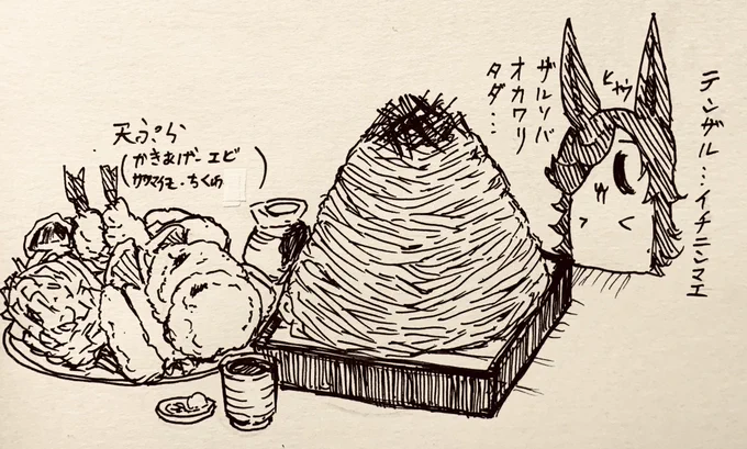 ライス食堂の天ざるそば…天ぷらが山盛り

🍚<ヒャウ…ザルソバイチニンマエオカワリタダ…ヤッチャネ 