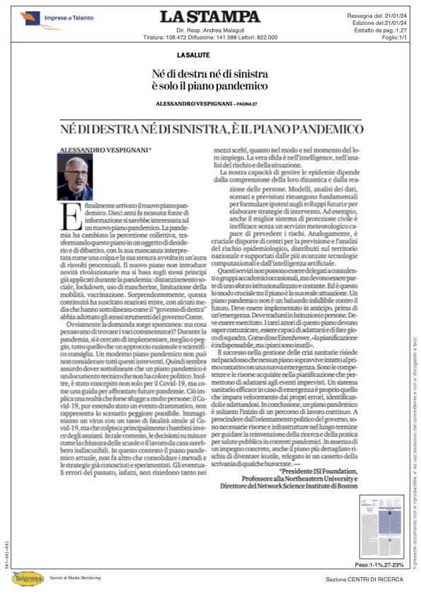 Oggi @LaStampa pubblica un editoriale del Professor Alessandro Vespignani @alexvespi sul nuovo piano pandemico