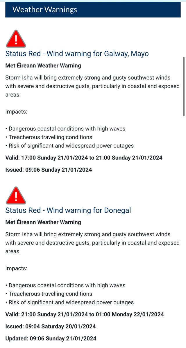 Red warnings added now for Galway, Mayo and Donegal! #StormIsha