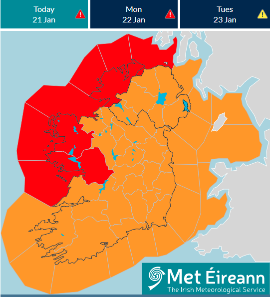 ⚠️Status Red - Wind warning for Galway, Mayo, Donegal

• Dangerous coastal conditions with high waves
• Treacherous travelling conditions
• Risk of significant and widespread power outages

More details here⬇️
met.ie/warnings/today
