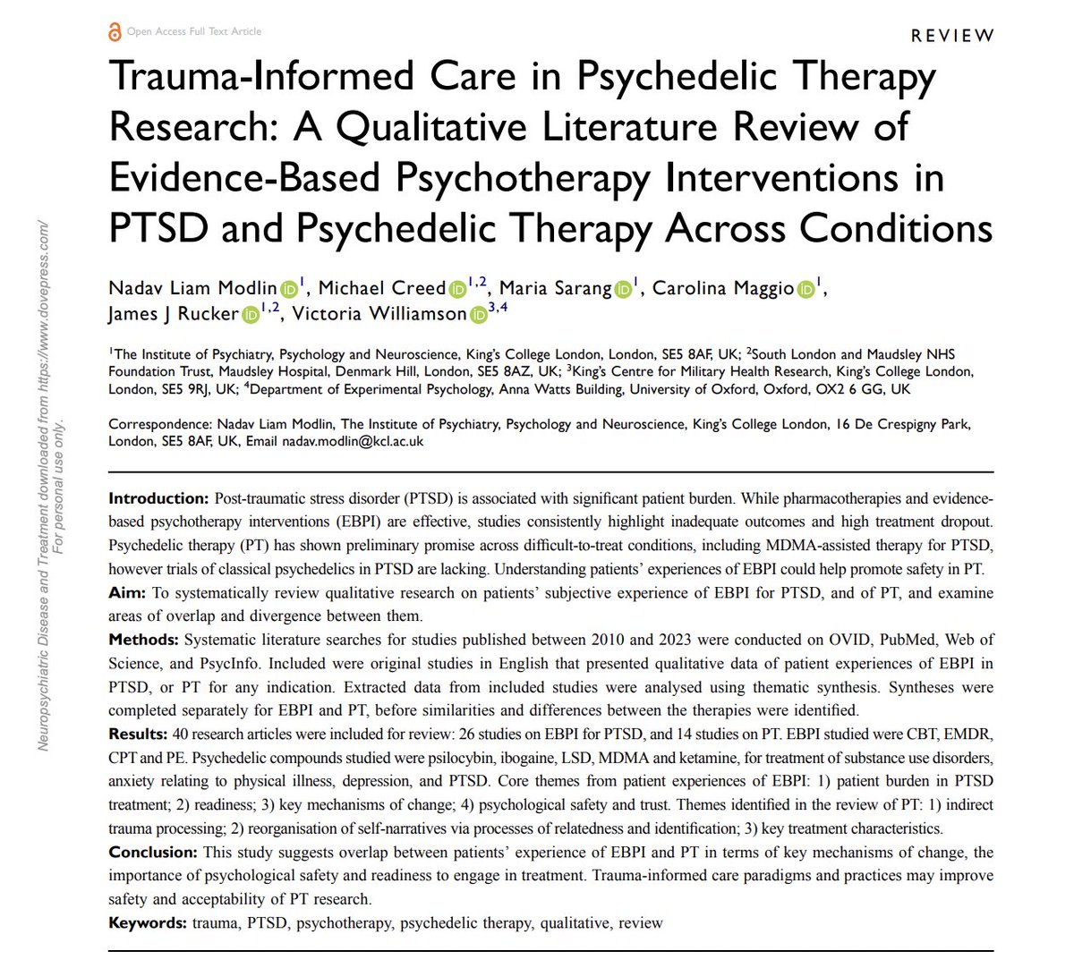 Our newest paper reviews experiences as well as barriers/facilitators to PTSD treatment and psychedelic therapy. We can't ignore the very practical hurdles that stand in the way of good care. 👉 dovepress.com/articles.php?a… @UKPTS @KingsIoPPN @kcmhr