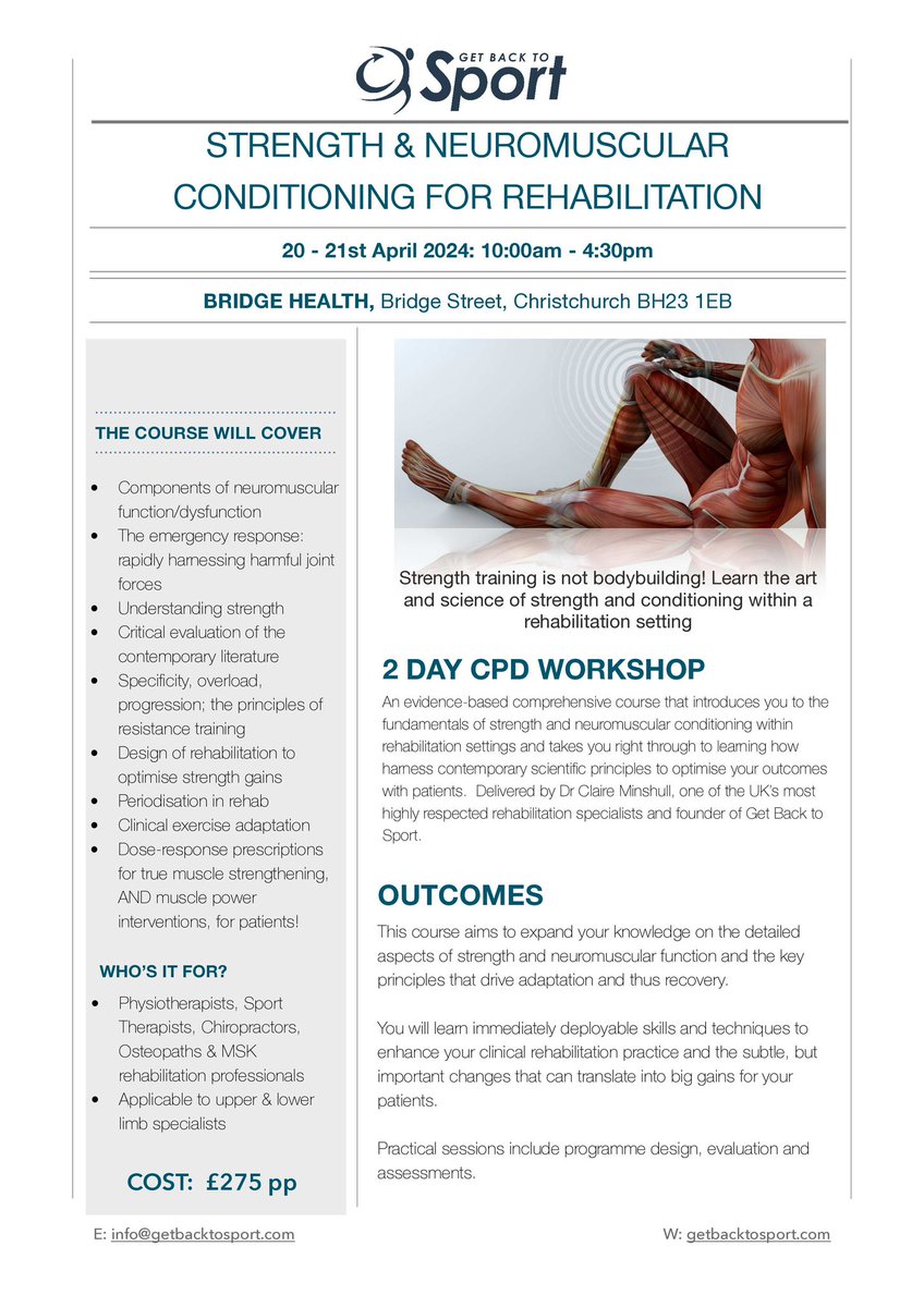 Strength and Conditioning for rehab with the brilliant <a href="/Claire_Minshull/">Dr Claire Minshull</a> is coming to the clinic in April
Visit her website to book 👍👍
💪💪🏋️‍♀️🏋️‍♀️💪💪
