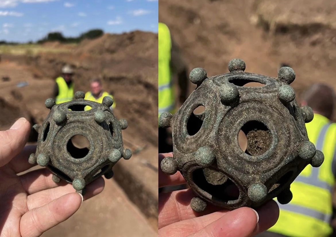 A bronze 'Roman dodecahedron,' unearthed summer of 2023 during an amateur dig in a farmer's field near the Lincolnshire Footage of Norton Disney; roughly 1,700 years In the ground.