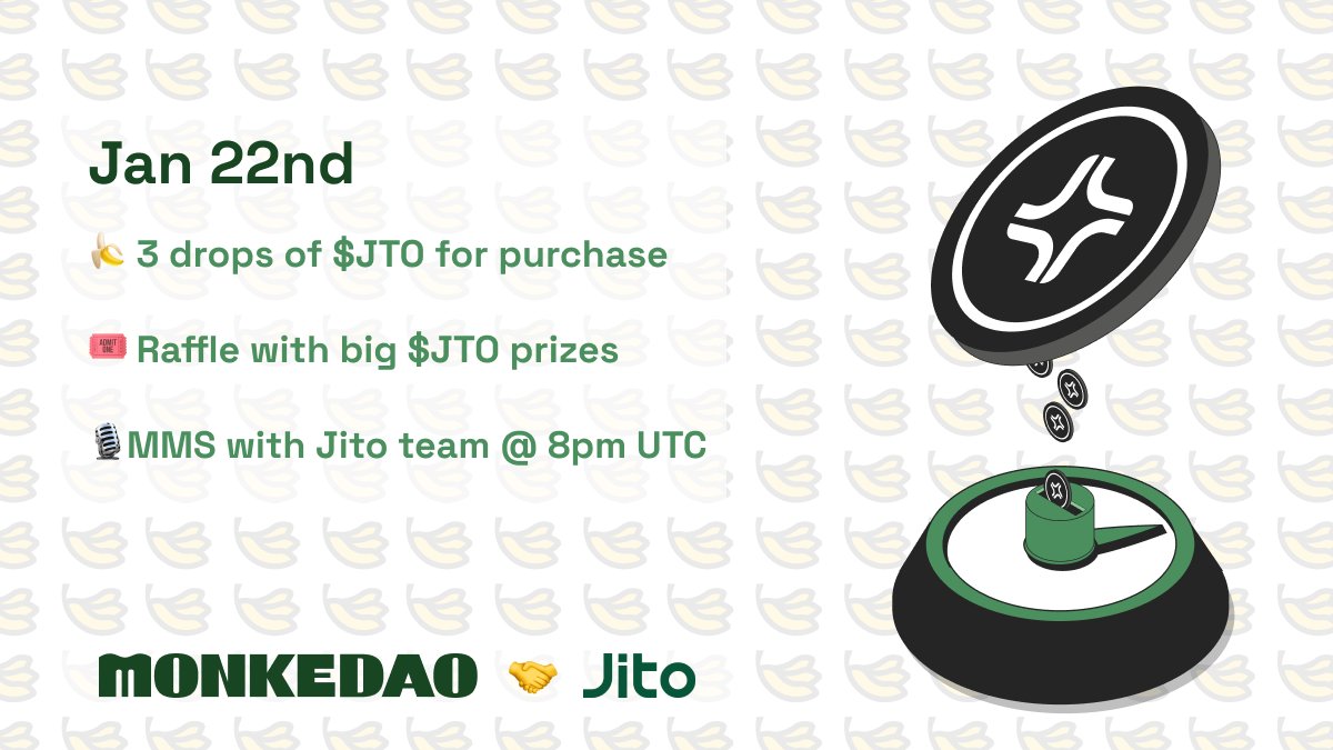 MonkeDAO's tweet photo. Big day tomorrow at MonkeDAO featuring @jito_sol!

We'll be dropping some $JTO for purchase in the Banana Stand throughout the day as well as a big raffle with some juicy $JTO prizes.

Later in the day we will have the Jito team in our weekly run of Monday Monke Spotlight to tell us everything about their latest innovations!

🍌🍌🍌