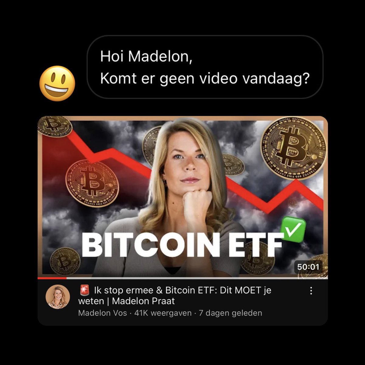 Lieve kijker, zoals je weet is mijn verlof begonnen en zit ik lekker in mijn bubbel. Vorige week sprak ik je bij over de bitcoin ETF en de belangrijkste zaken hieromtrent. Vergeet deze niet te bekijken (40K+ bekeken): youtu.be/JjyuabzDjDU?si…
Heel veel liefs en tot snel, Mad