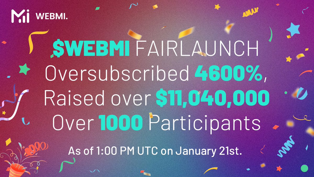 WebmiPro's tweet photo. 🎊As of 1:00 PM UTC on January 21st. $WEBMI has raised over $11,040,000 and Over 1000 Participants!
Join as soon as possible if you haven't participated yet!
🥳Stage 1 IDO will end at UTC 4AM 22th Jan.
✅All the IDO details in here: https://t.co/TdP2z8M30k
#WEBMI #Fairlaunch #Manta #WebmiETH