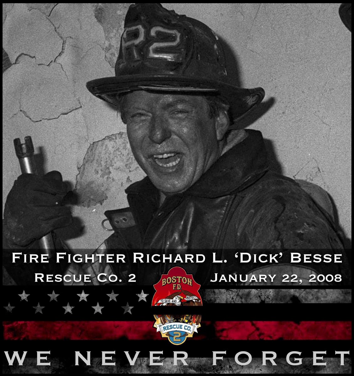 BFDRescue2's tweet photo. #WeNeverForget #LODD #Firefighter Richard L. ‘Dick’ Besse, #BFDRescue2 1/22/2008. #Rescue2 #BFD #BostonFire #ChiefMiller #BostonFireWire #liveboston617 #BostonFireDepartment #Boston #Firefighter #Rescue #BostonFireRes2cue #Boston_Res2cue #BFDE42R2D9 https://t.co/upQ9ghy6KG