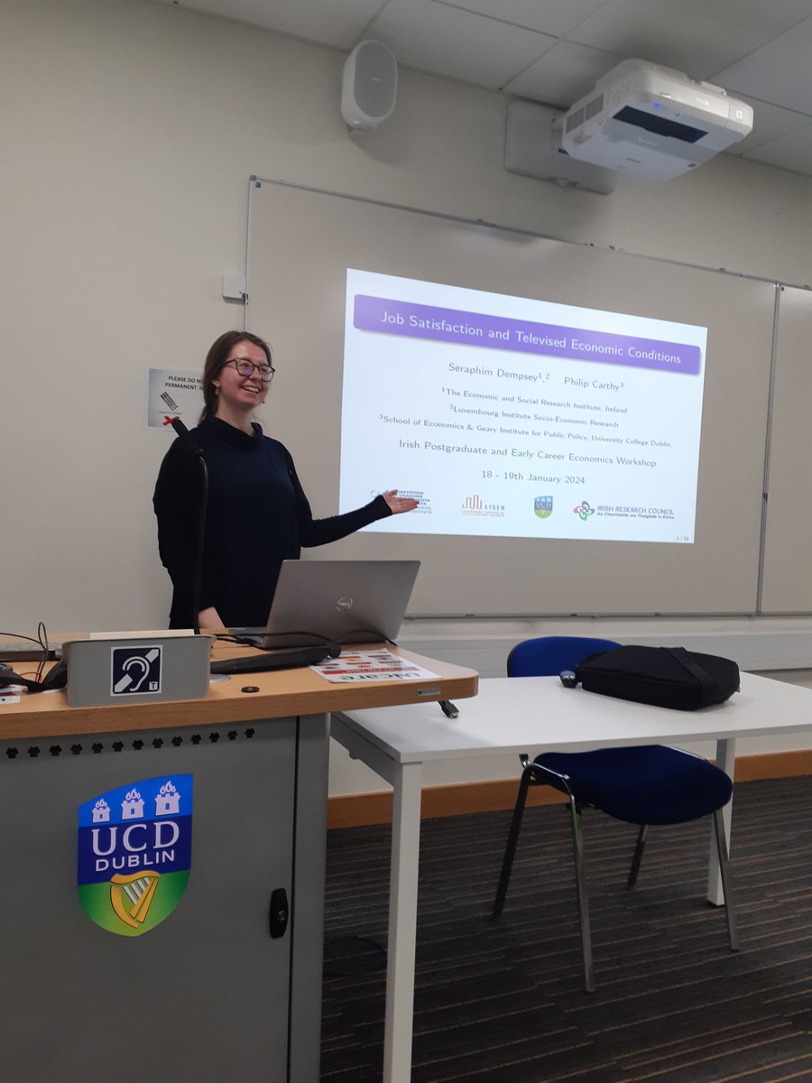 SeraphimDempsey's tweet photo. Great to have had the opportunity to present joint work with @PhilipCarthy at the @IPECEWorkshop on the job satisfaction effects of televised economic conditions. Thanks to @EconomicsUCD for hosting #IPECE2024 - looking forward to the next one! https://t.co/hbnAXmyzAn