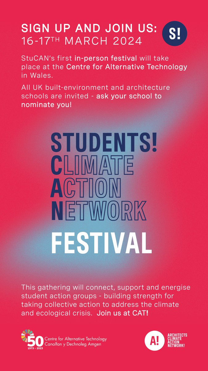 ArchitectsCAN's tweet photo. Students from #architecture &amp; #builtenvironment schools! From the 16th to the 17th of March 2024, #StuCAN and #ACAN Education are hosting an in-person festival at the @centre_alt_tech - to connect, support and energise our Student Climate Action Network before the final term. https://t.co/r4WmIwtMXK