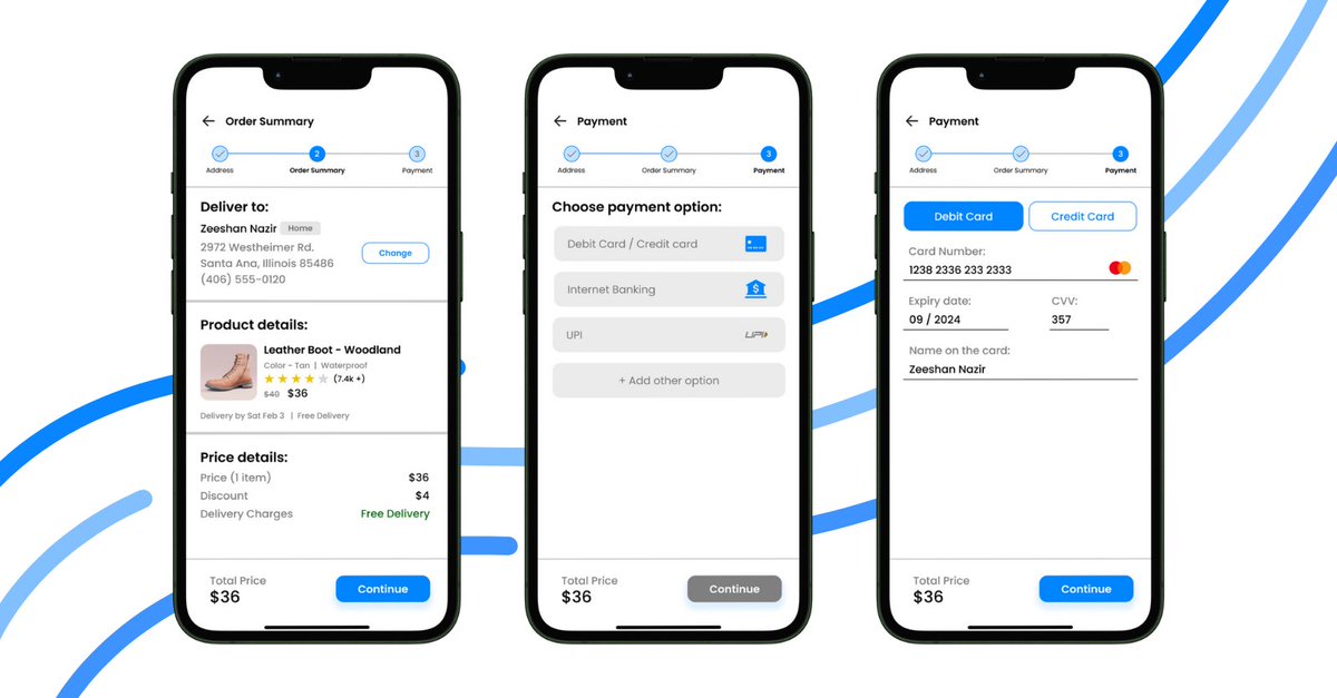 Day 2 of my UI design journey: Check out the payment and checkout page I crafted for a new app! 💳✨ Excited to share my progress and dive deeper into the world of design. 🚀 #UIDesignChallenge #PaymentPage #DesignGrowth #UIProgress