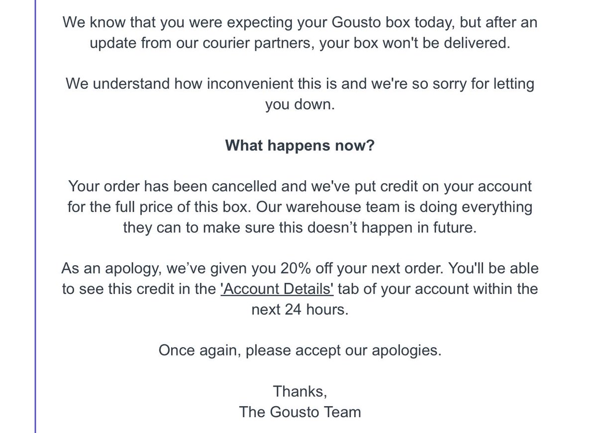2nd week with @goustocooking & halfway through delivery day, it’s cancelled!! Have 90min to do full weeks shop, not possible. You’ll give us 20% off the next box, not good enough! Q is where is the box? Never put together? Then give more warning? Wasted with courier? Awful waste