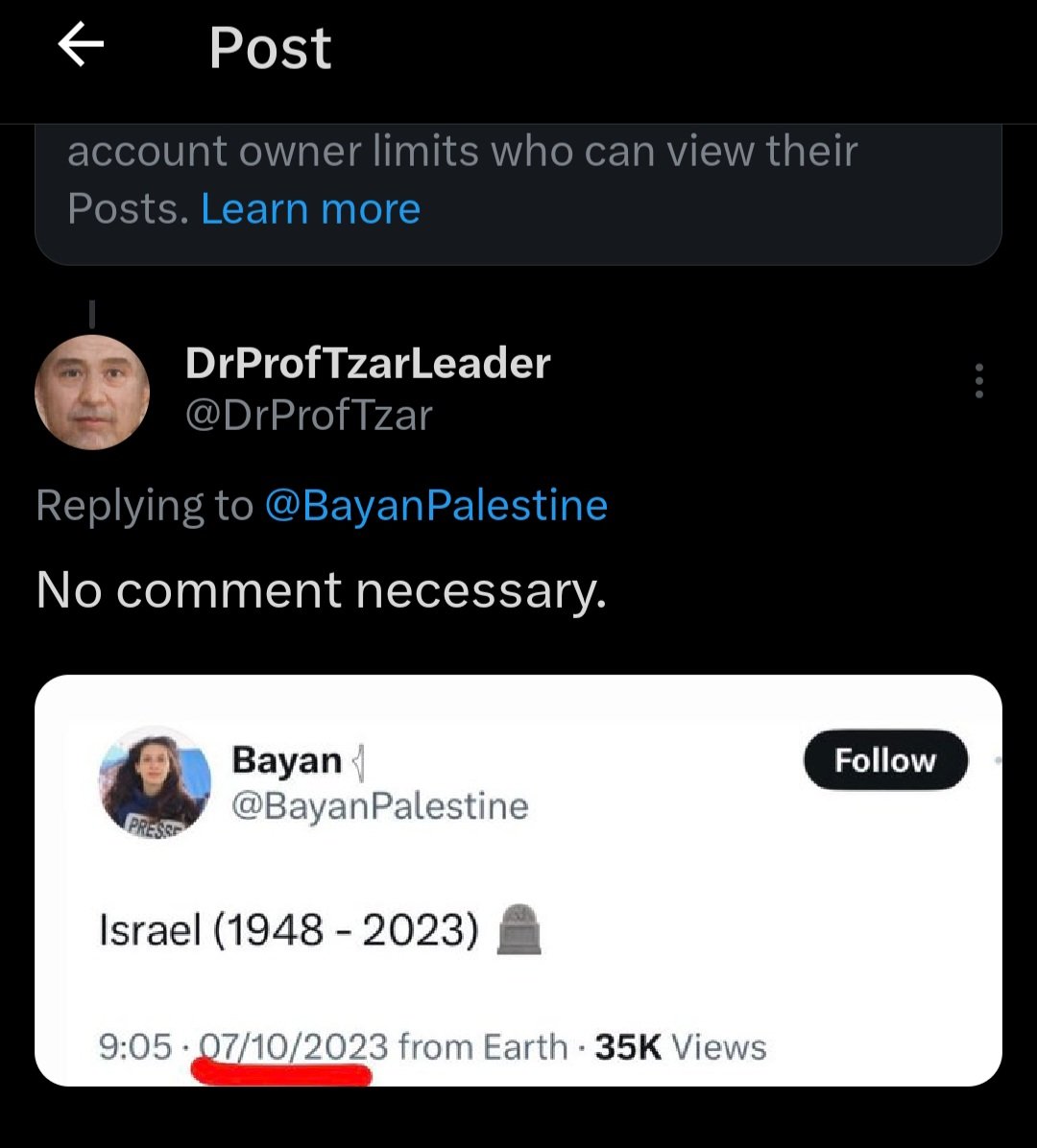 DrProfTzar's tweet photo. When you get blocked for reposting their own message. I guess looking in the mirror she saw her own reflection - an ugly hating monster.
#gaza #IStandWithIsrael #HamasTerrorists #HamasRapist #HamasISIS #victimplaying https://t.co/yNkjzqNTa7
