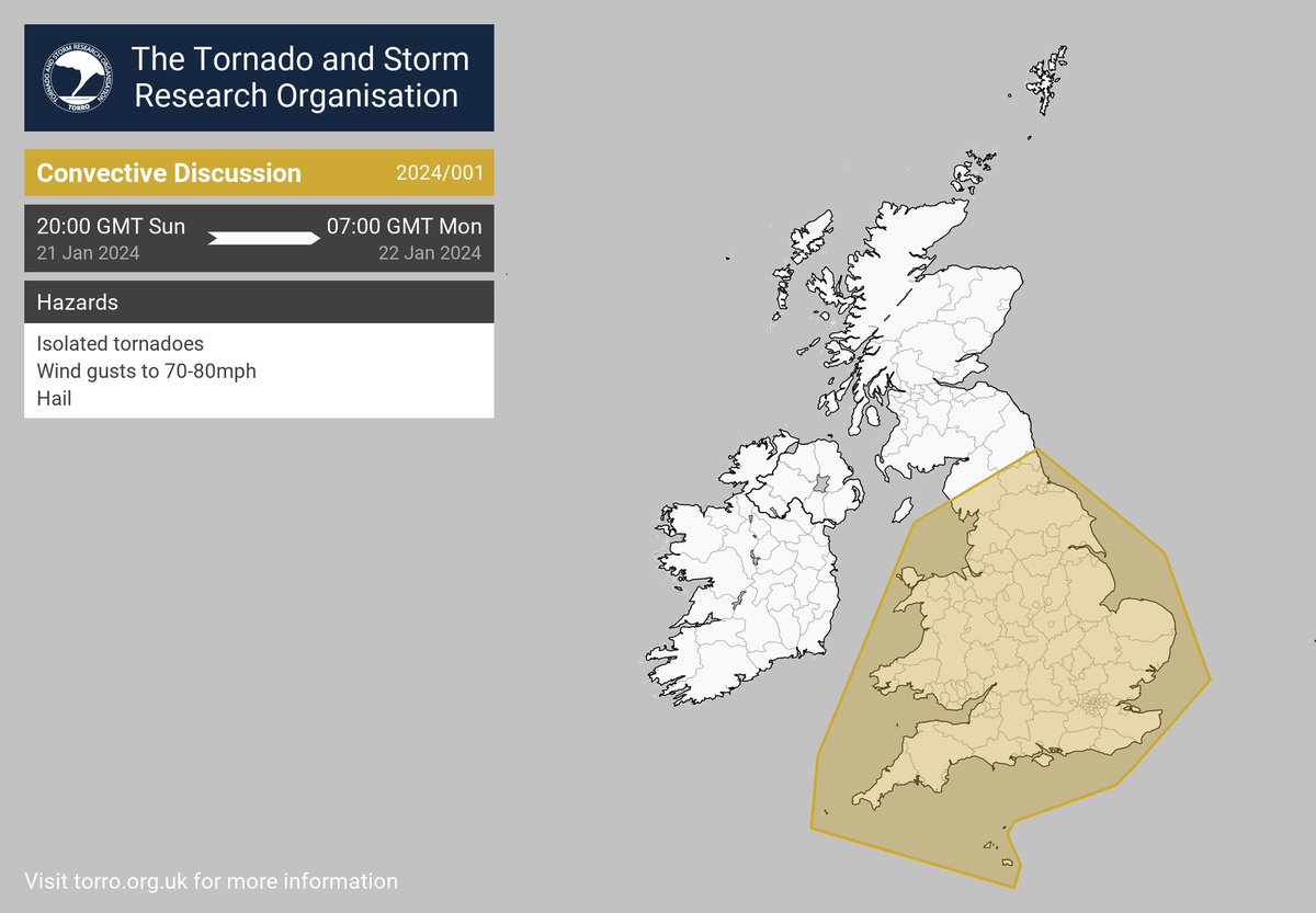 TORRO Convective Discussion 2024/001 issued valid 2000 GMT Sunday 21st January until 0700 GMT Monday 22nd January 2024 torro.org.uk/forecast #StormIsha