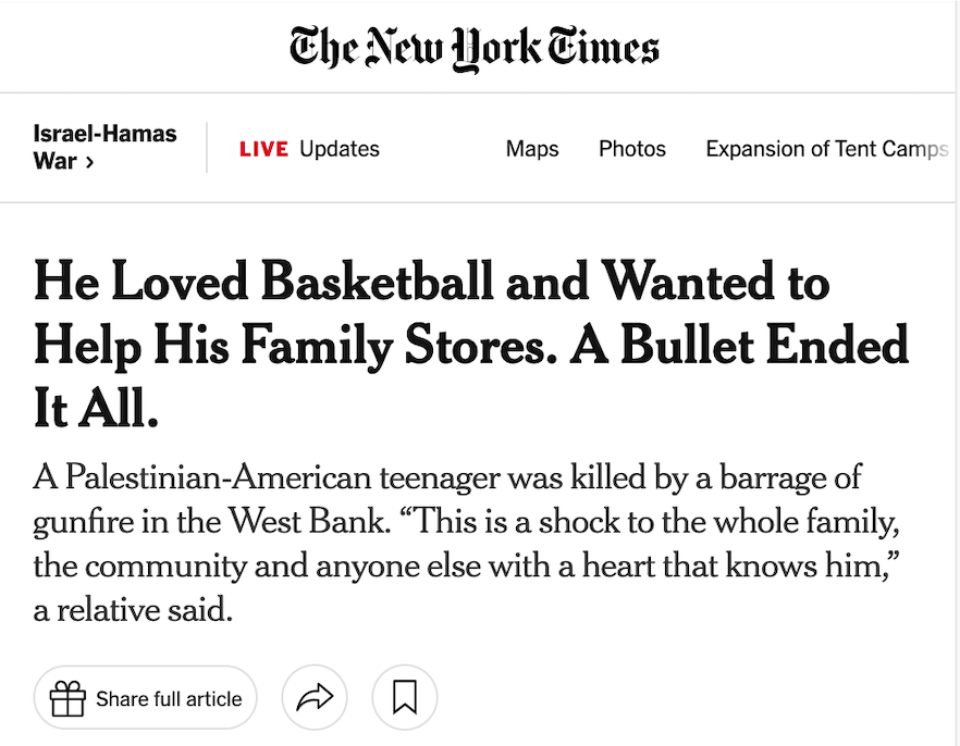 AlanRMacLeod's tweet photo. The @NYTimes will go to unbelievable lengths to avoid saying Israel killed this American kid. https://t.co/YE4NjYHqj6