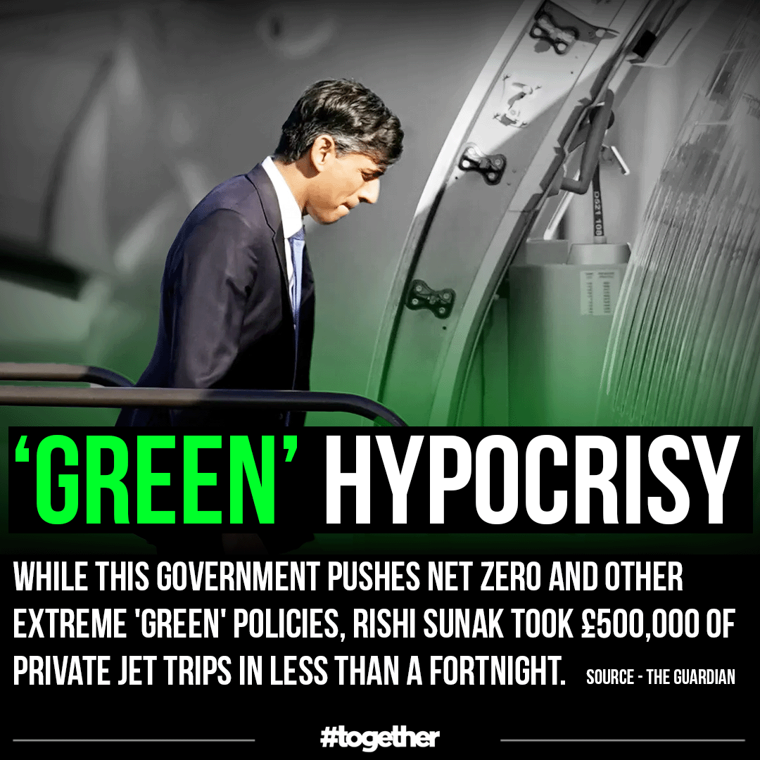 Togetherdec's tweet photo. Sunak's '£500,000 on private jets in a fortnight' 

You're doing this @RishiSunak while 3000 people in Port Talbot are about to lose their jobs over Net Zero?

Join the public campaign to say https://t.co/O9GvKYLi6p

#climatehypocricy #RishiSunak https://t.co/IQ1PY8G4y8