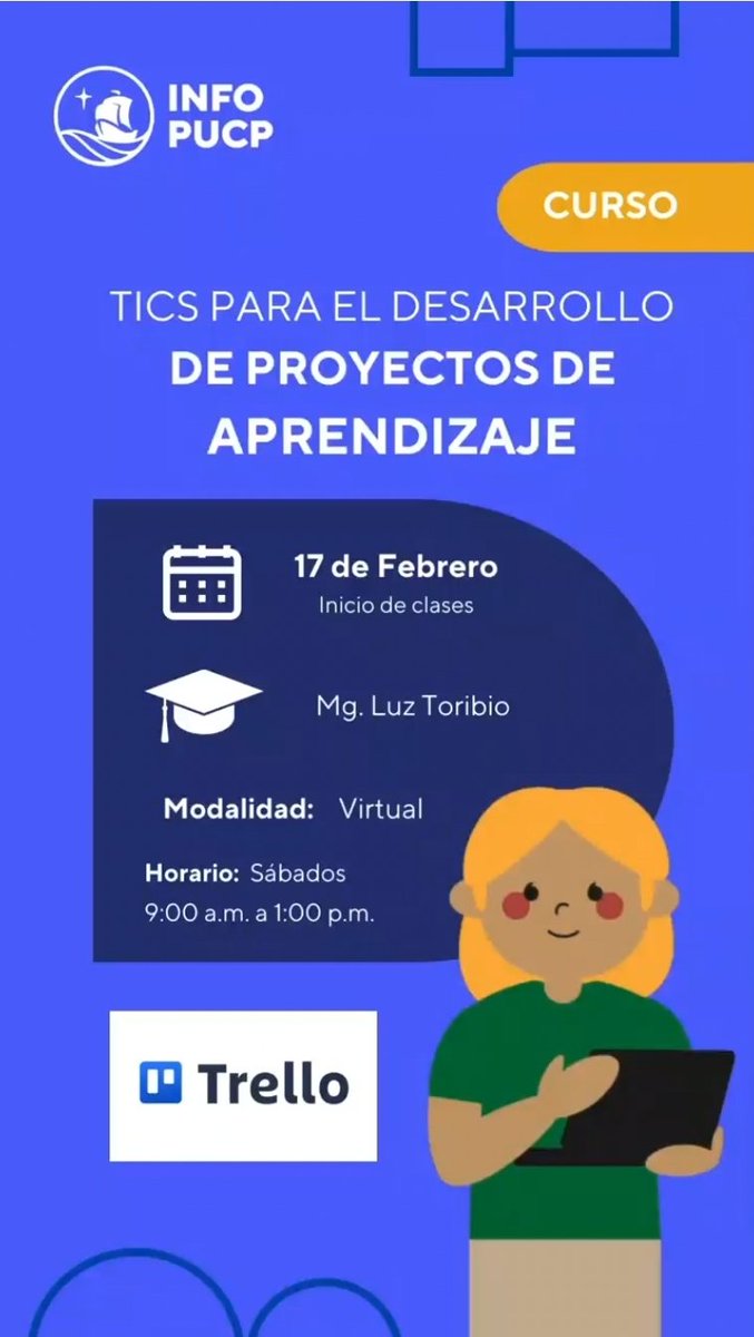 📢 Un proyecto de aprendizaje es vital para el desarrollo de las competencias de nuestros estudiantes. 💯
Trello es una herramienta eficaz e instuitiva que nos puede ayudar 👇
Están cordialmente invitados a este curso.
<a href="/Infopuc_PUCP/">InfoPUC</a> #EdtechLatam