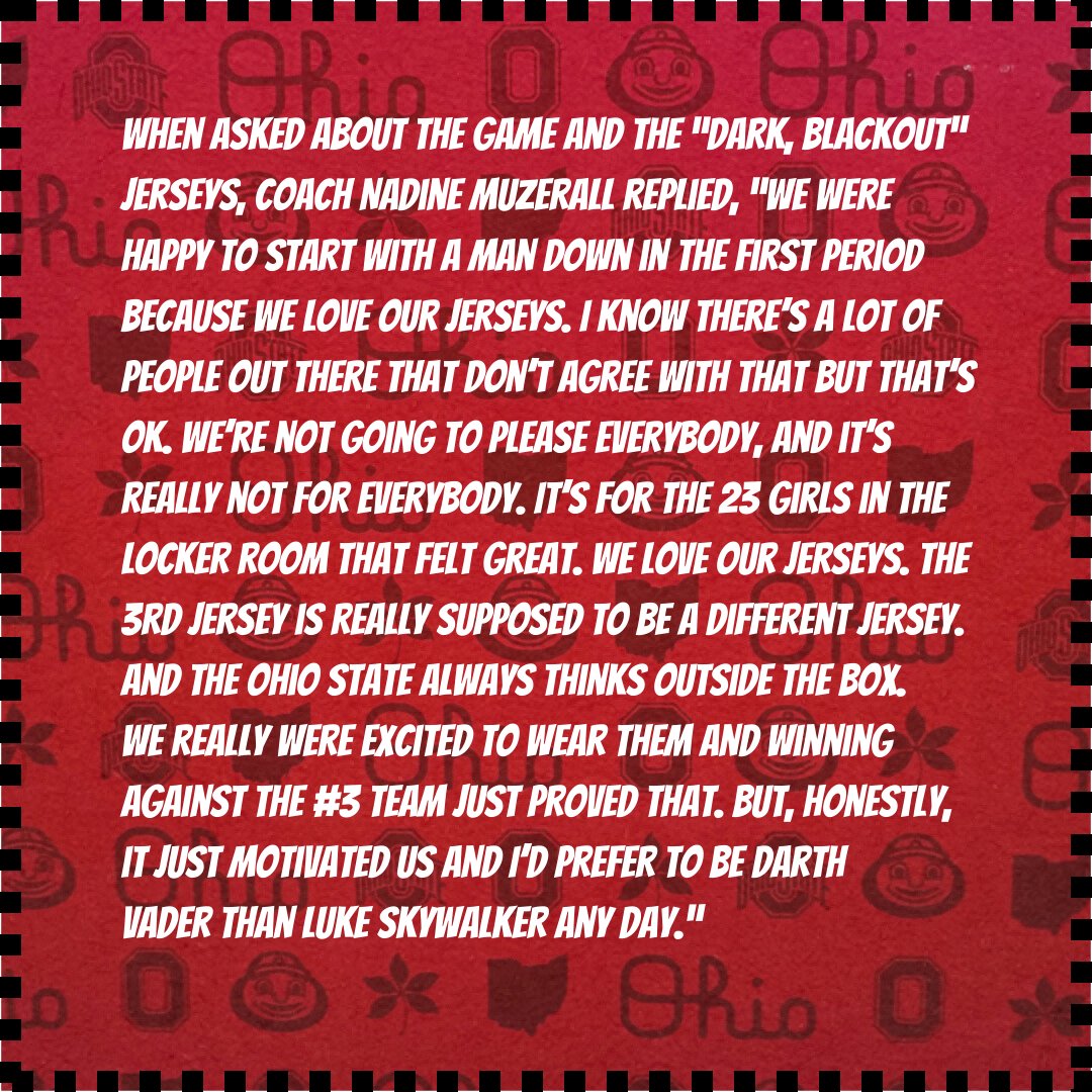 CellyClub's tweet photo. With The Buckeyes wearing their black jerseys yesterday in the 1-0 win over UMD, we thought we’d share a story about the birth of the black jersey. Read to the end because Coach Muzerall’s comments are nothing less than 🔥🔥🔥#gobucks #ohiostatewhky  #blackjerseys #hockeysweaters https://t.co/YidOaEQdVQ