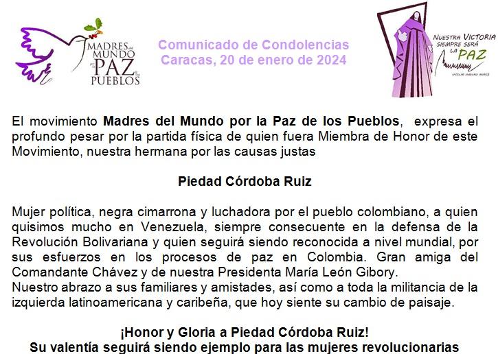 MadresdelMundoV's tweet photo. A nuestra miembra de honor, la senadora colombiana Piedad Córdoba, la tendremos presente como ejemplo de lucha por la defensa de los derechos de los pueblos oprimidos. Defensora de la paz, incansable, hasta la victoria siempre @MariaLeonaPSUV @NicolasMaduro @ConCiliaFlores https://t.co/mkuj0FYHQO