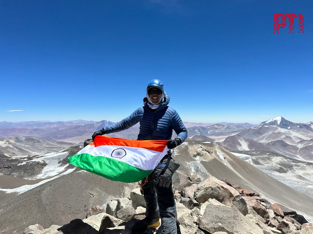 PTI_News's tweet photo. PHOTOS | Shaikh Hassan Khan, a Kerala government employee, has climbed Ojos Del Salado, the highest active volcano in the world situated on the Argentina-Chile border.