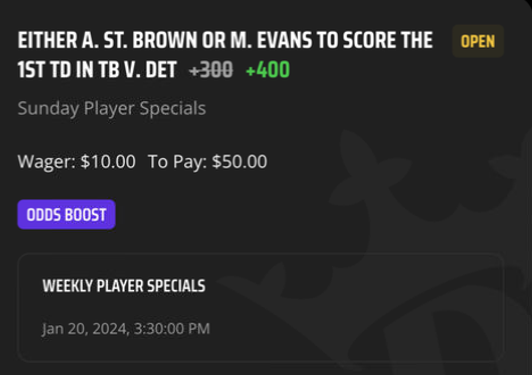 EdgePlayBook's tweet photo. #BetInpublic #WomenInBetting #EVBetting We have 2‼️ surviving #NFL Parlay from last night. This will give us a decent sweat today (fair odd +370 for 6% EV) #GamblingX #SweatWithEPB #BucsLions