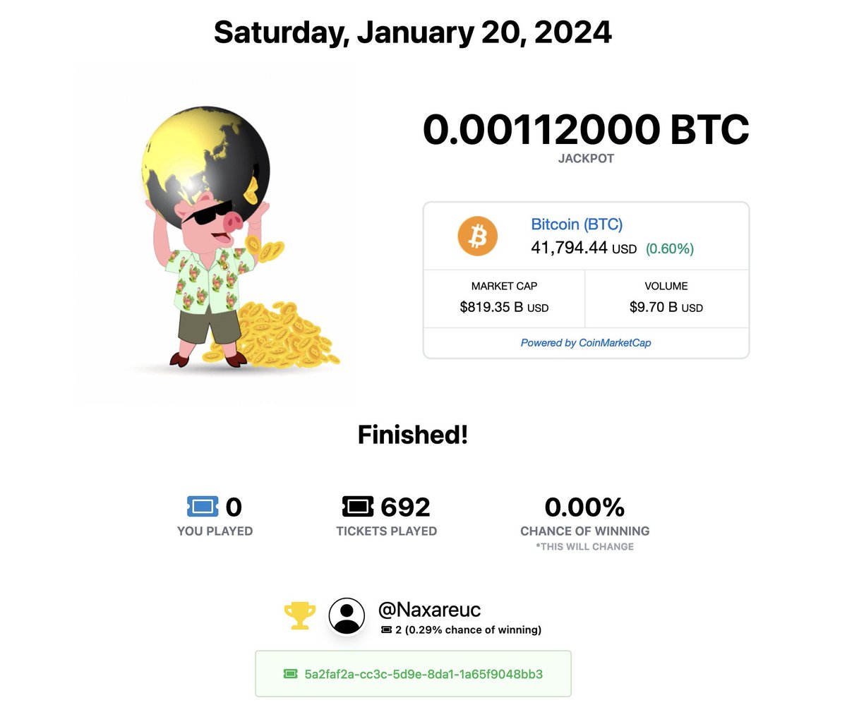 BigCoinCrypto's tweet photo. Congrats to last nights winner:
Naxareuc
Email: qw*****@telegmail.com
Amount won in USD: $46.79
Tomorrow’s winner could be you. 🤑
https://t.co/cfNbRMNE8C
The People’s Global Bitcoin Daily Lotto
#KeepItCrypto
#Bitcoin
#GlobalLotto
#Register
#Play
#Win
#Refer
#GetPaid https://t.co/DtfwNk0KhV