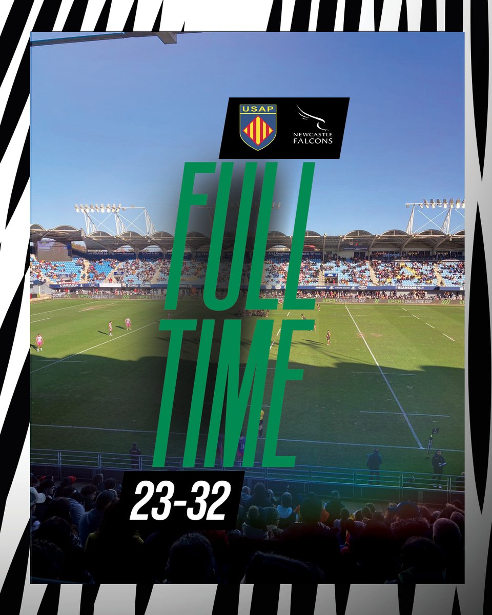 FT Perpignan 23 Newcastle Falcons 32. The Falcons' tries were from Hugh O'Sullivan and Ben Redsaw, with Louie Johnson kicking 8 from 8 off the tee. Thank you all the supporters who travelled, and everyone who believed in the lads. This is just the start! #TrueNorth