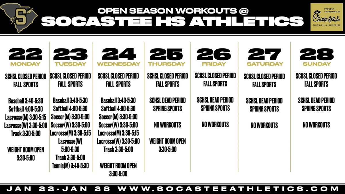 SocasteeHS's tweet photo. This Week in Socastee Athletics: 1/21-1/28 ๐๐คผ๐ฃ๐#GoldBlood #DefendTheBridge #Positive #Team ๐ก๐๐คผ๐๏ธ https://t.co/wuH01w7JxC Spring Workouts are happening. Please contact your head coach for more information!โพ๏ธ๐ฅโฝ๏ธ๐ฅ๐๐พ
@SocasteeWrestle Senior Night 1/22 @ 6:00 Aux Gym https://t.co/cL1wEjR3At