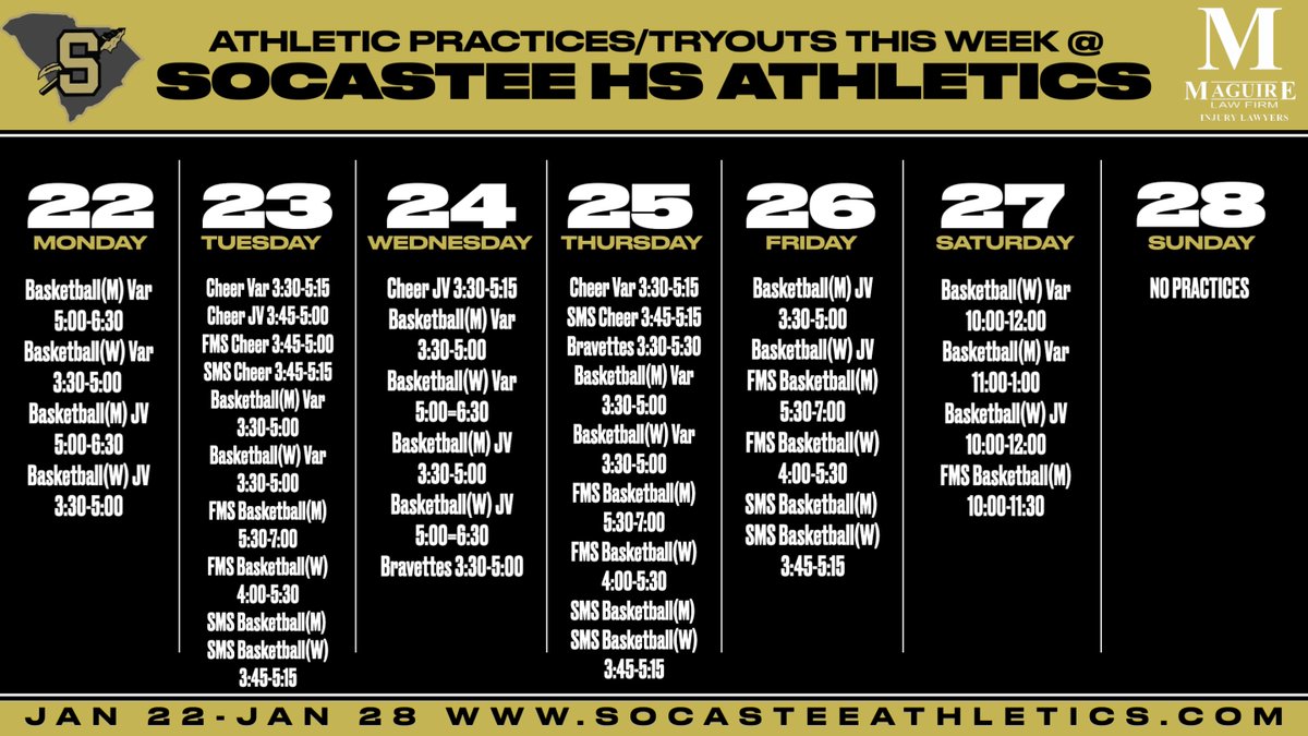SocasteeHS's tweet photo. This Week in Socastee Athletics: 1/21-1/28 ๐๐คผ๐ฃ๐#GoldBlood #DefendTheBridge #Positive #Team ๐ก๐๐คผ๐๏ธ https://t.co/wuH01w7JxC Spring Workouts are happening. Please contact your head coach for more information!โพ๏ธ๐ฅโฝ๏ธ๐ฅ๐๐พ
@SocasteeWrestle Senior Night 1/22 @ 6:00 Aux Gym https://t.co/cL1wEjR3At