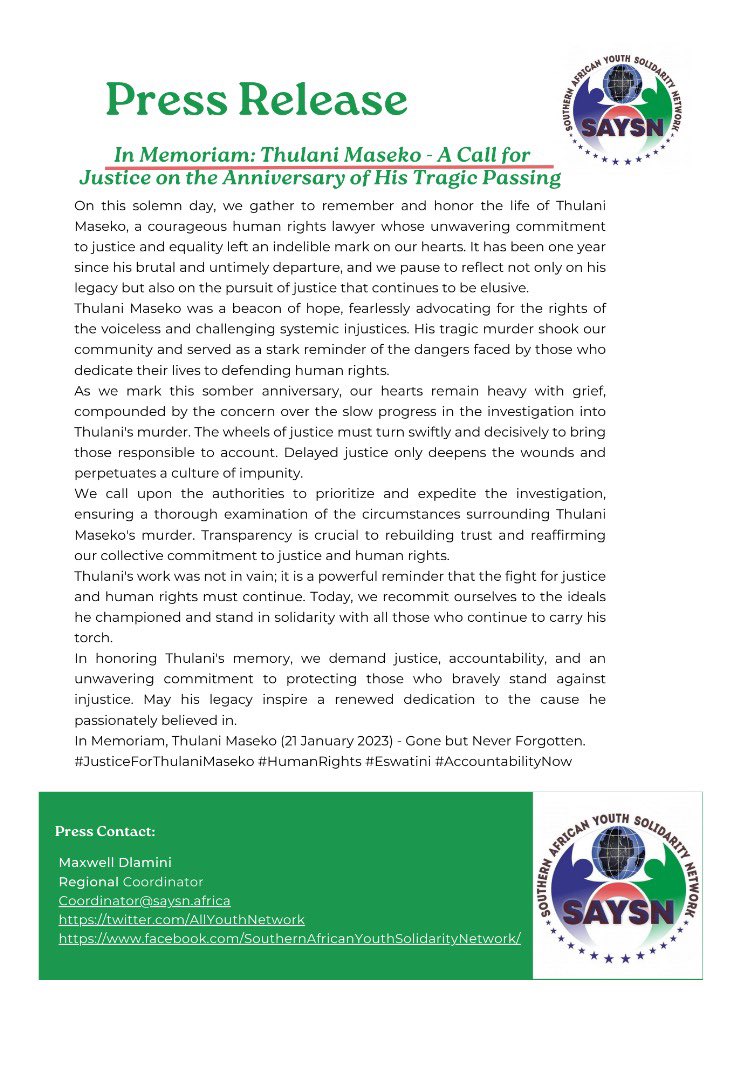 In Memoriam: Thulani Maseko, A Call for Justice on the Anniversary of His Tragic Passing 
On this solemn day, we gather to remember and honor the life of Thulani Maseko, a courageous human rights lawyer
facebook.com/share/p/mmKikb…

#JusticeForThulaniMaseko #HumanRights #Eswatini