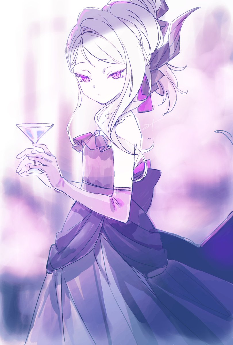hina (blue archive) ,hina (dress) (blue archive) 1girl cocktail glass horns solo dress cup purple eyes  illustration images
