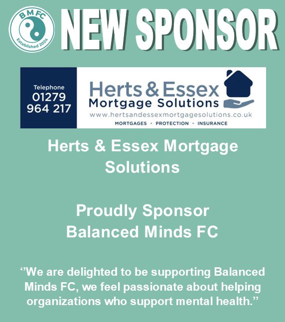 🤝🏻🚨NEW CLUB SPONSOR🚨🤝🏻

We are delighted to announce that Herts &amp; Essex Mortgage Solutions have sponsored Balanced Minds FC.

You can check out their services and what they offer via their website - hertsandessexmortgagesolutions.co.uk

#bmfc #youthfootball #mentalhealthawareness