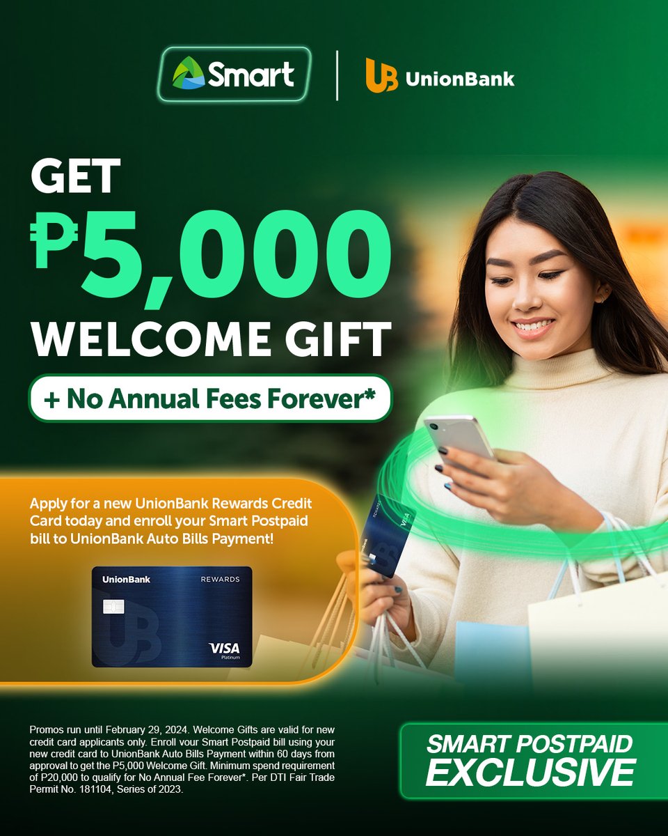 Uncover the rewards of being a Smart Postpaid subscriber. Score an awesome P5,000 Welcome Gift from UnionBank when you apply for their UnionBank Rewards Credit Card and enroll your Postpaid Account to Auto Bills Payment.   + No Annual Fees Forever when you spend P20,000 within…