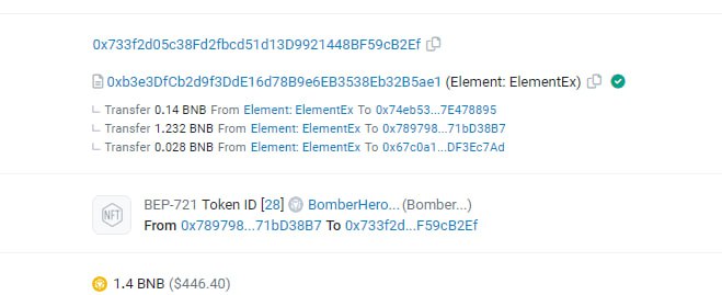 XBomb_tech's tweet photo. Another #BomberHero NFT has been traded for 1.4 BNB on Element (https://t.co/vsE7XRJfxQ), marking an incredible 350% profit compared to the minted price of just 0.4 BNB. The value of NFT is increasing, creating a premise for the future development of XBomb's ecosystem👍 https://t.co/FasOdhuws1
