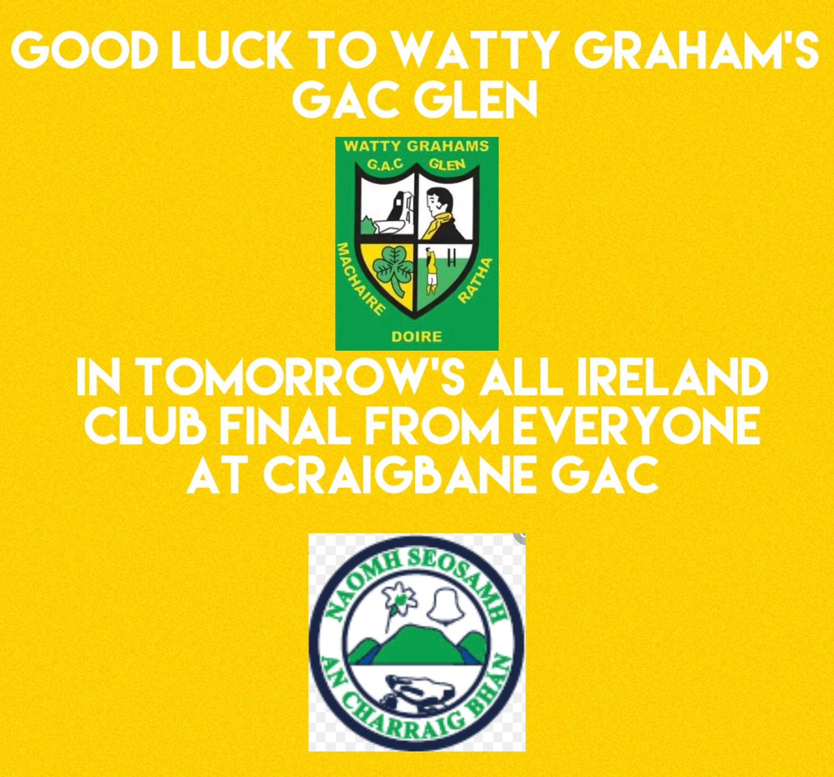 CraigbaneGAC's tweet photo. Good luck to @WattyGrahamsGAA  in their All Ireland club final. https://t.co/C2ahb7HdBZ
