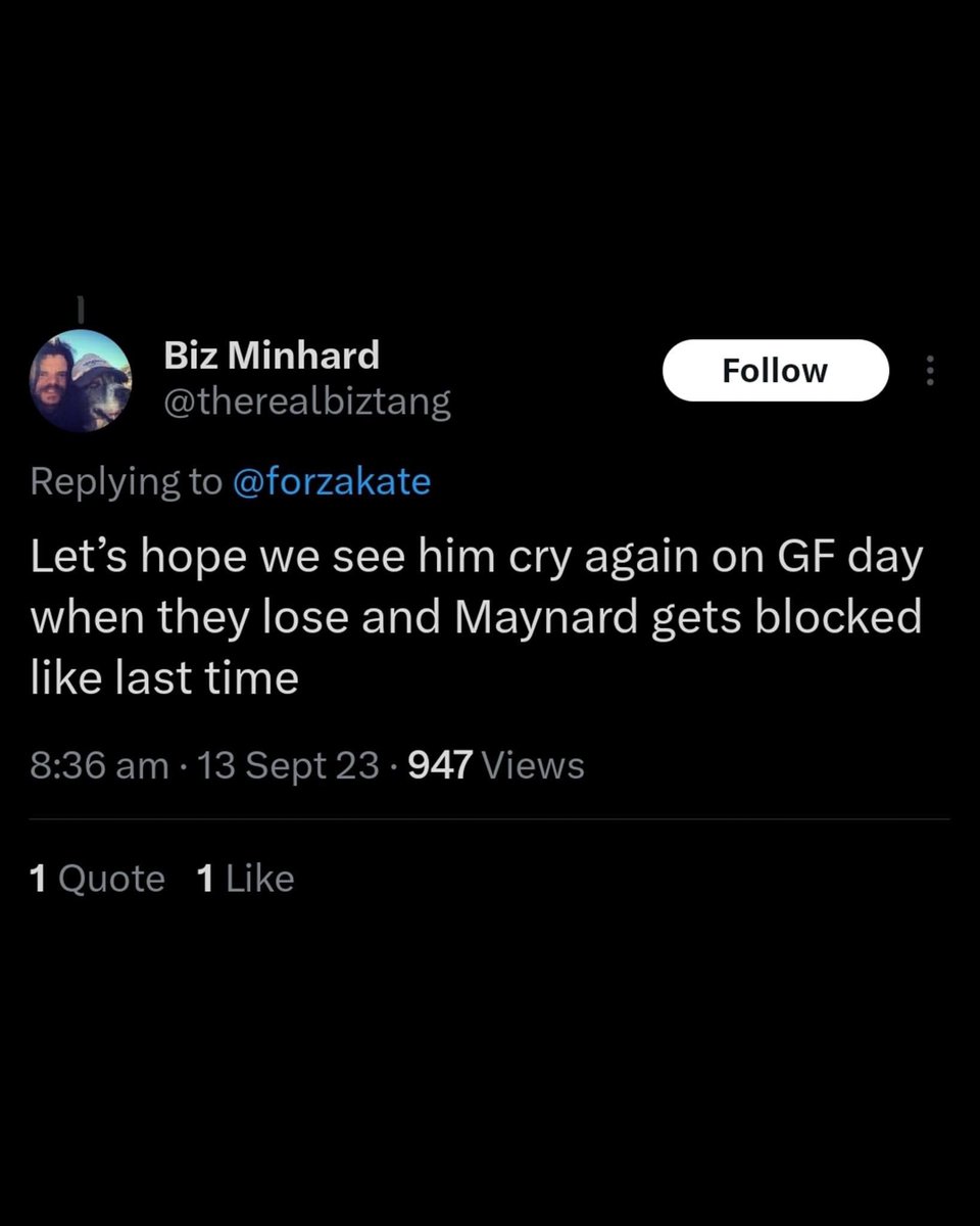MarkRacovalis's tweet photo. @therealbiztang You still feeling ok with this deleted post that you did? I’m sure you’re still crying. Go Pies!!!!! 🖤🤍🖤🤍 https://t.co/kiZoixo2iz