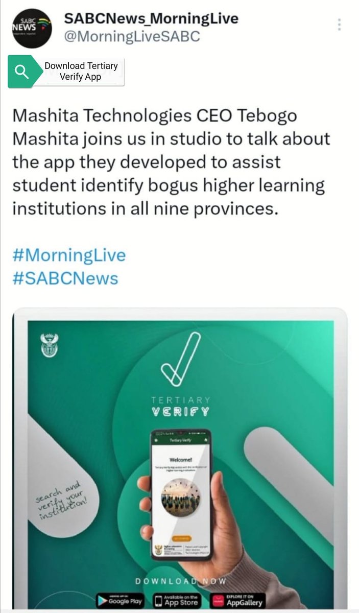 Ms_T_Sexy's tweet photo. Beware of bogus colleges.
Before you enroll at any college make sure it is registered.
Download Tertiary Verify App to know immediately if the college is registered or operating illegally.
Cyan | Zulu |
#TertiaryVerifyApp https://t.co/bd4ACaO6j6