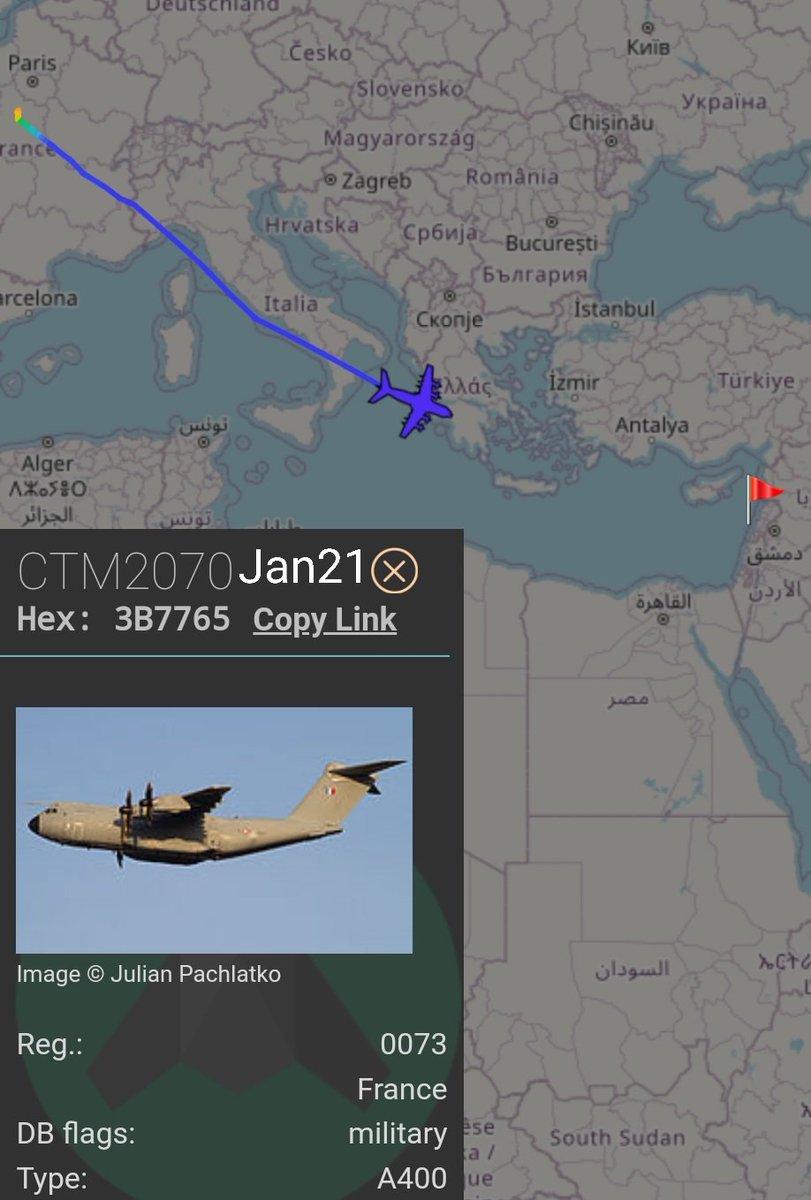 LebanonJets's tweet photo. Military: #FRBAN Armée de l'Air (French Air Force) Airbus #A400M hex #3B7765 as #CTM2070 on the way from #Orleans #Bricy to #Beirut invisible on public tracking https://t.co/GKhQlOdR5k